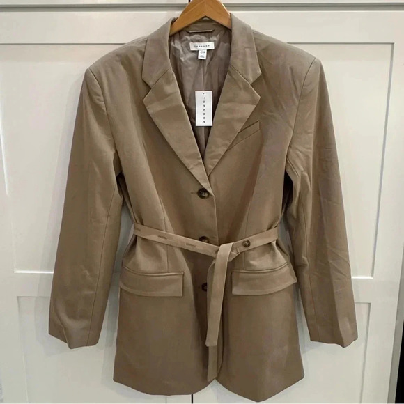 Topshop NWT Belted Waist Long Blazer Tan Women’s Size 2 [retail $110] - Picture 7 of 15